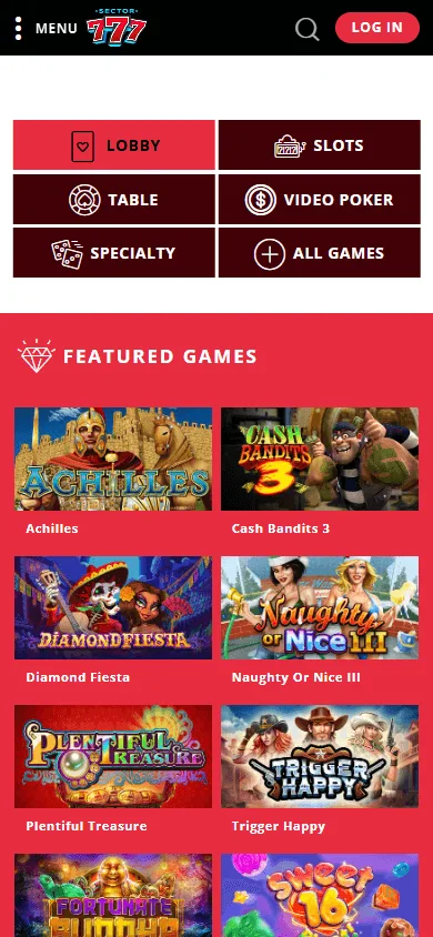 Sector 777 Casino games area on a mobile device