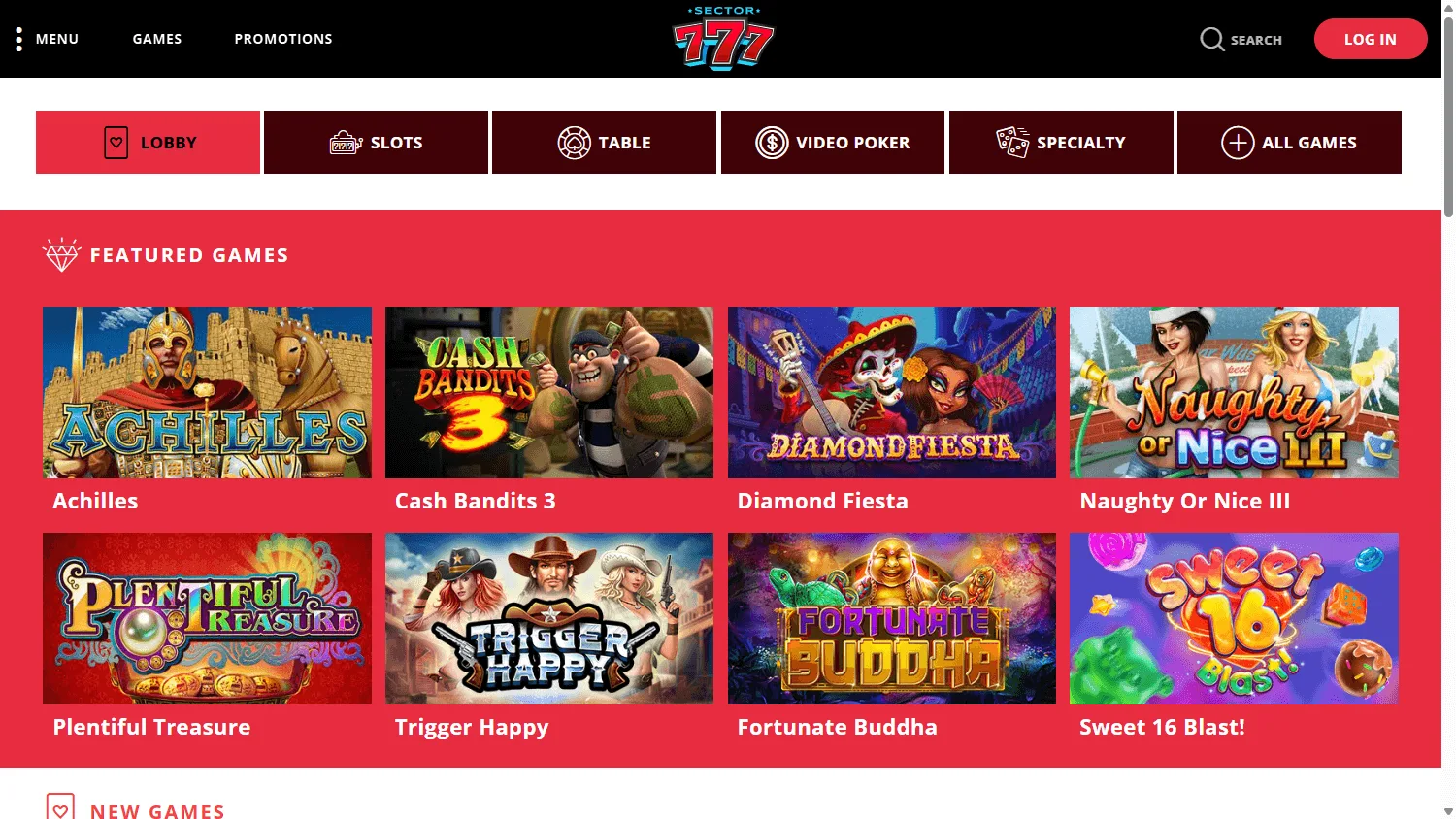Sector 777 Casino games area on a desktop computer