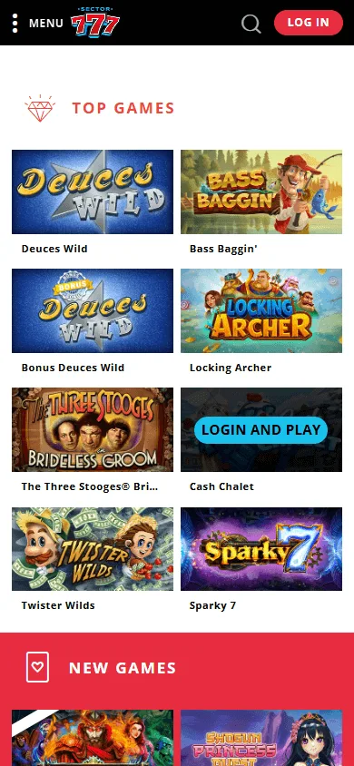 Sector 777 Casino home page on a mobile device