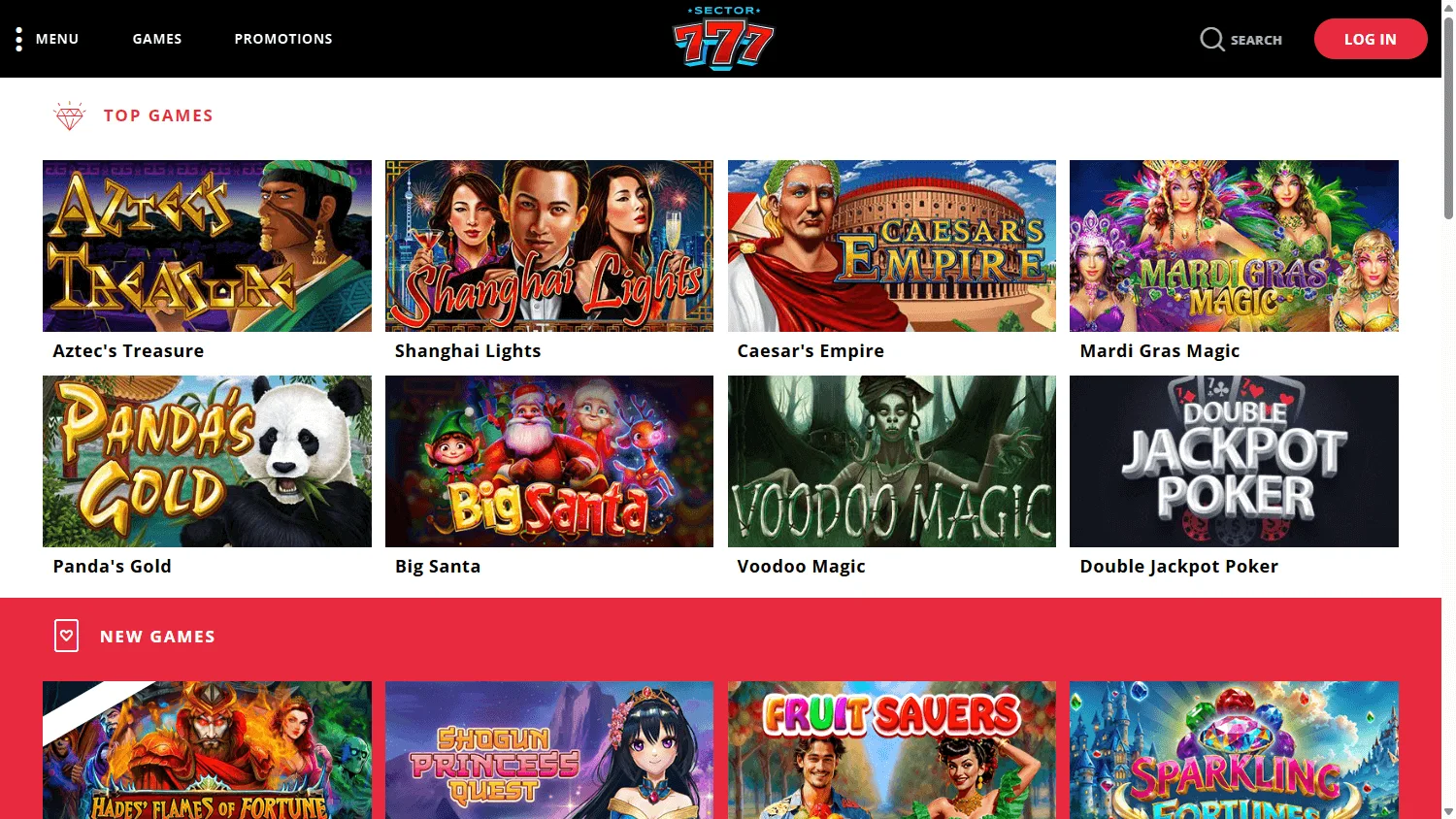 Sector 777 Casino home page on a desktop computer